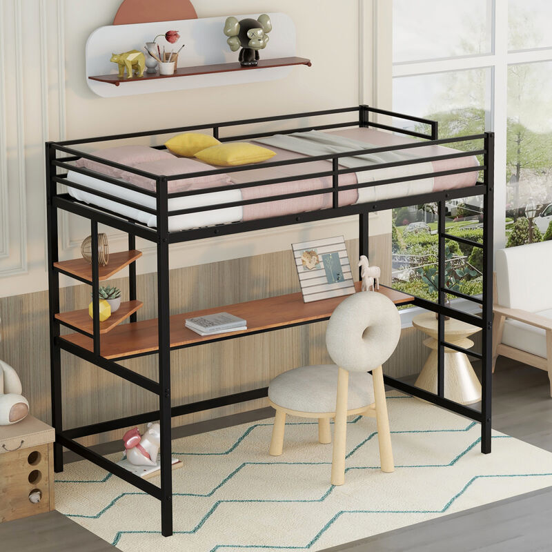 Twin Metal Loft Bed With Desk And Shelf