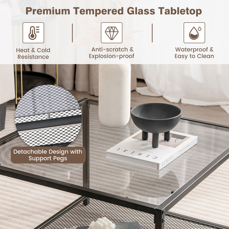 Modern 2-Tier Square Glass Coffee Table with Mesh Shelf