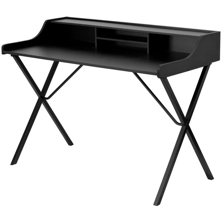Hivvago Modern Black Office Table Computer Desk with Raised Top Shelf