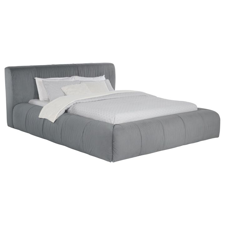 Limo Queen Platform Bed, Gray Upholstered Pleated Frame, Low Profile - Benzara