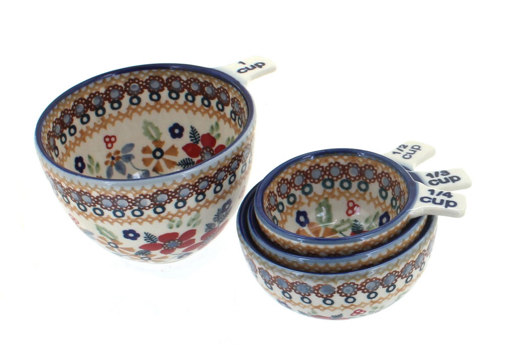 Blue Rose Polish Pottery Red Daisy Measuring Cup Set