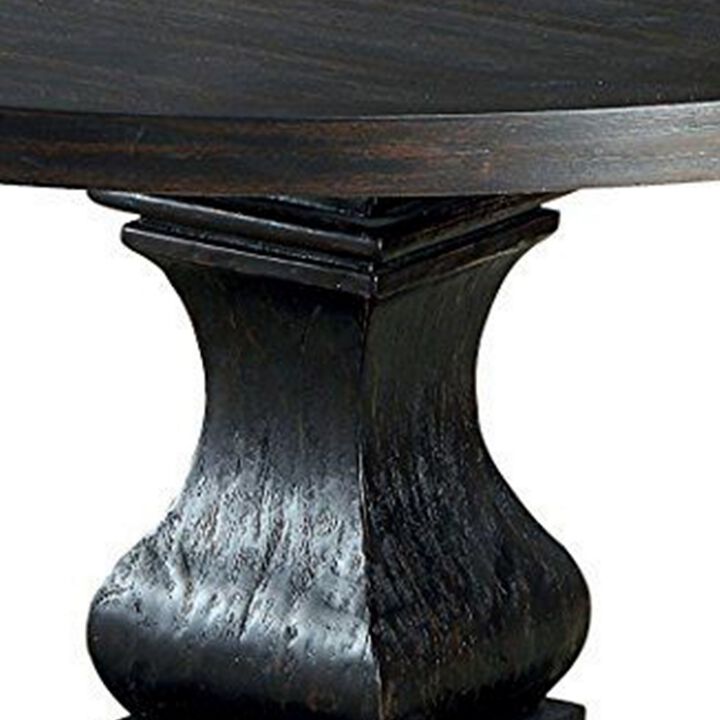 Traditional Style Wooden Round Top Dining Table with Pedestal Base, Antique Black - Benzara
