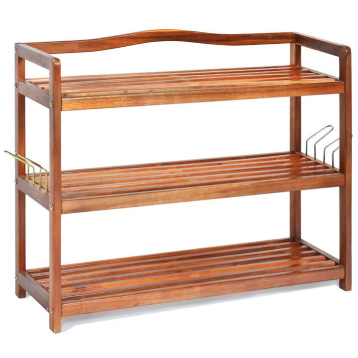 Hivvago 3-Tier Acacia Wood Shoe Rack with Side Metal Hooks