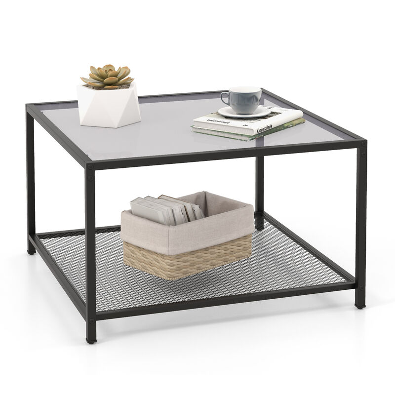 Modern 2-Tier Square Glass Coffee Table with Mesh Shelf