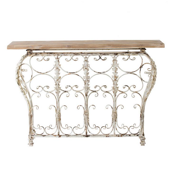 55 Inch Console Sofa Table with Scrollwork, Iron Curved Base, Wood, White - Benzara