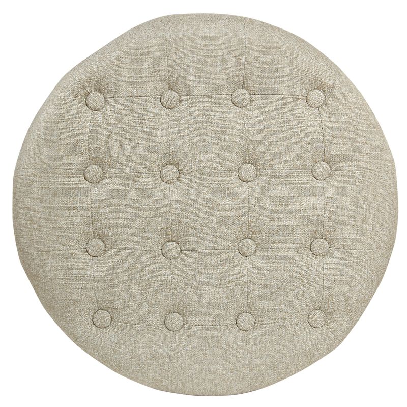 Textured Woven Fabric Upholstered Round Ottoman with Lift Top Storage, Beige and Brown - Benzara