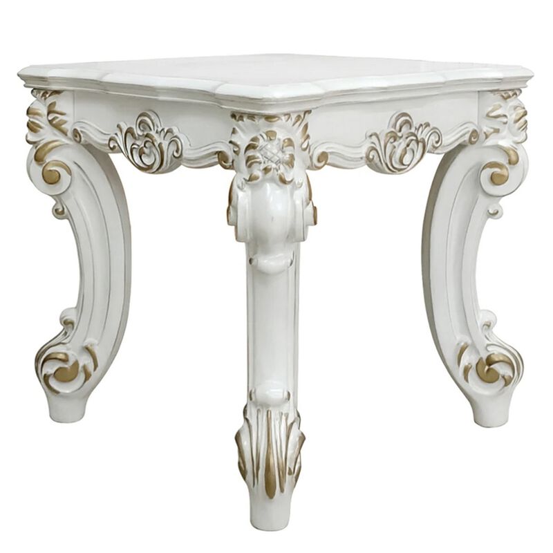 Jess 26 Inch Side End Table, Traditional Scrolled Legs, Brushed Gold, White - Benzara