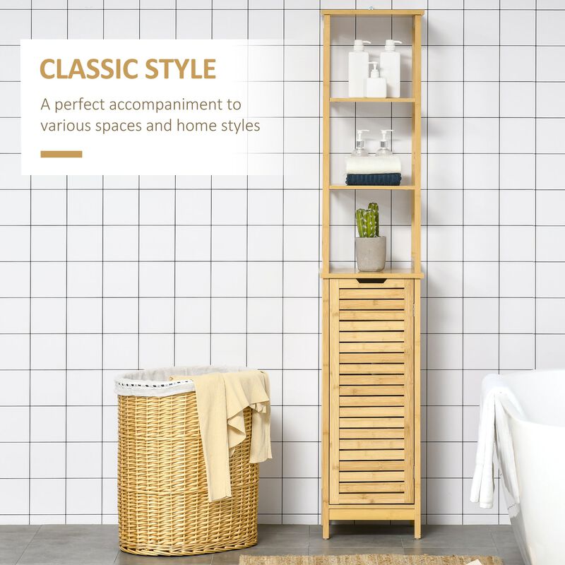 Natural Bathroom Tower: Slim Floor Cabinet with 3 Shelves