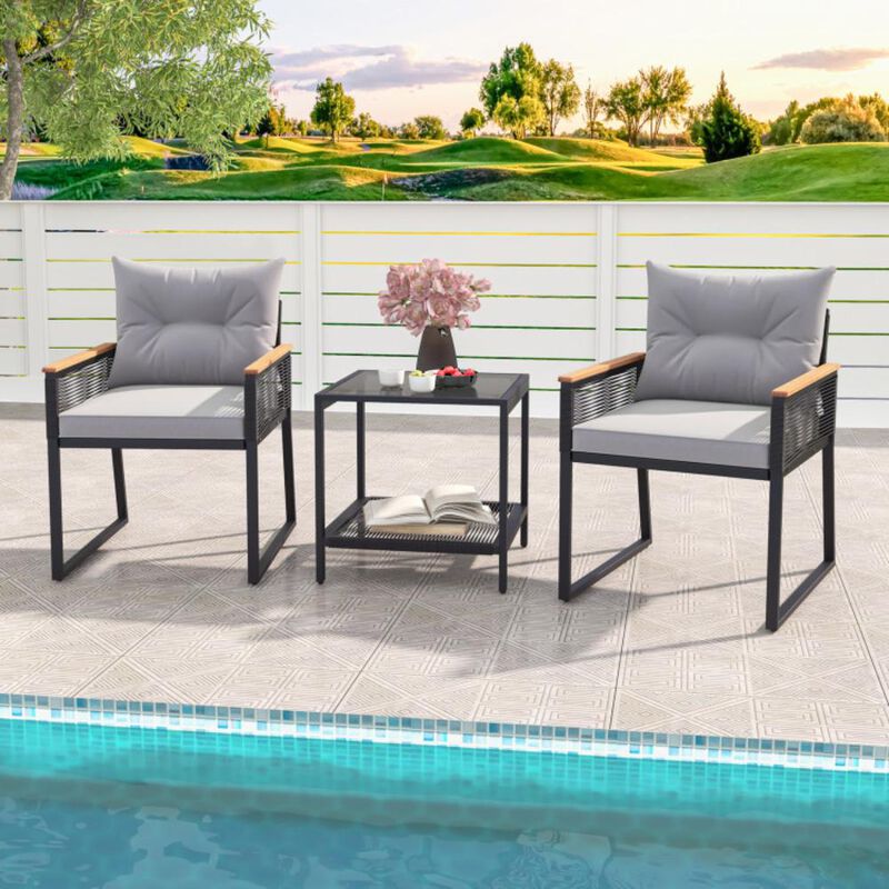 Hivvago 3 Pieces Patio Furniture Set with 2 Tier Coffee Table and Soft Seat Cushions