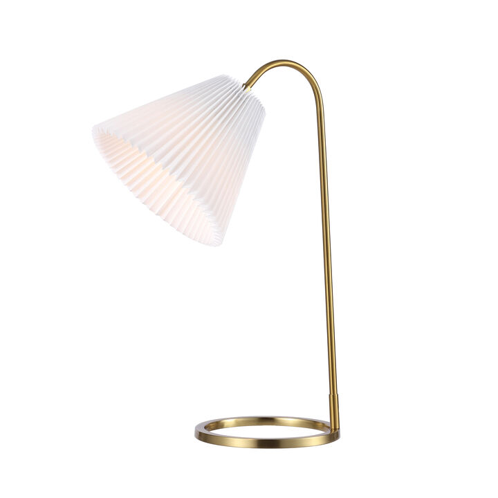 Callie 22" Modern Glam Metal Arc Adjustable Head LED Table Lamp with Pleated Shade, Brass Gold/White