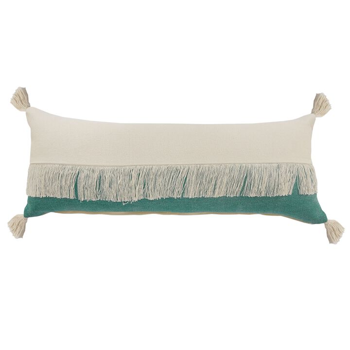 36" Green and White Fringe Color Block Lumbar Throw Pillow