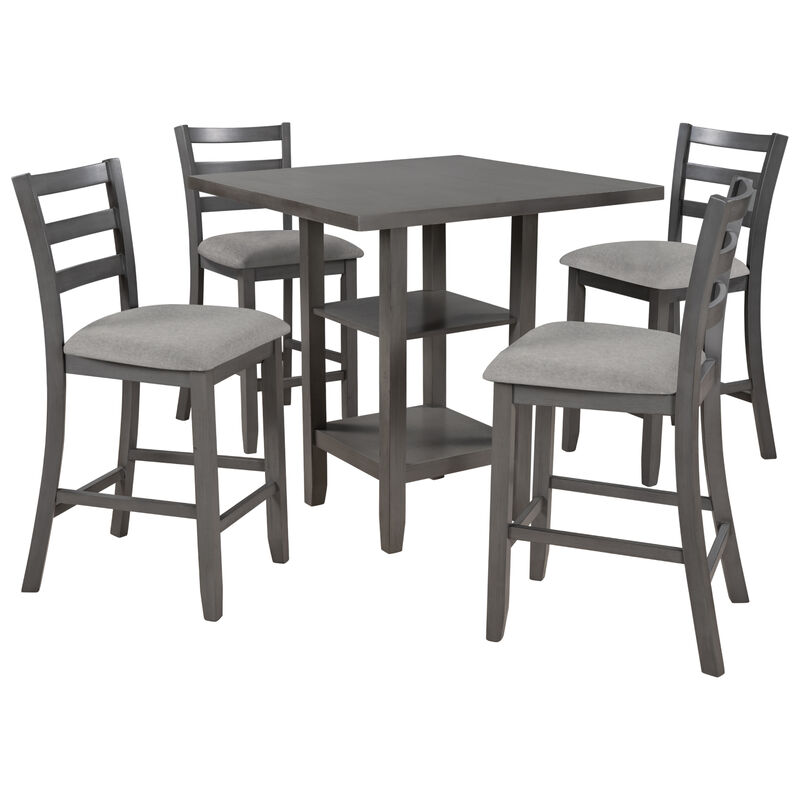 Merax 5-Piece Wooden Counter Height Dining Set with Padded Chairs and Storage Shelving