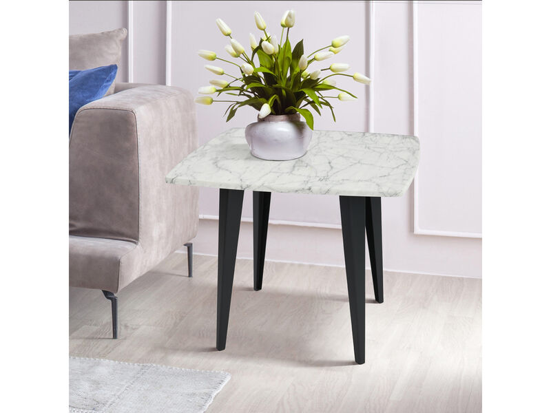 Soro 24" Square Italian Carrara White Marble Side Table with Metal Legs