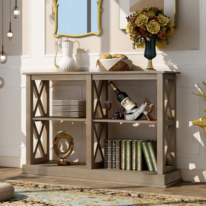 Console Table with 3-Tier Open Storage Spaces and “X” Legs, Narrow Sofa Entry Table for Living Room, Entryway and Hallway