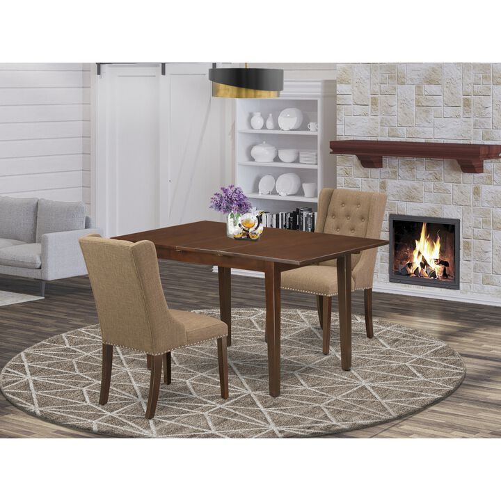 East West Furniture East West Furniture NFFO3-MAH-47 3-Piece Dinette Set Includes 1 Modern Butterfly Leaf Kitchen Table and 2 Light Sable Linen Fabric Dining Chairs with Button Tufted Back - Mahogany Finish