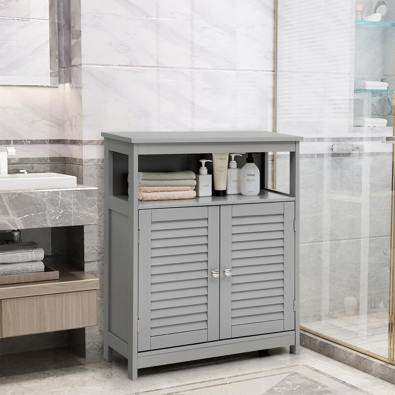 Costway Bathroom Storage Wood Floor Cabinet with Double Shutter Door Gray