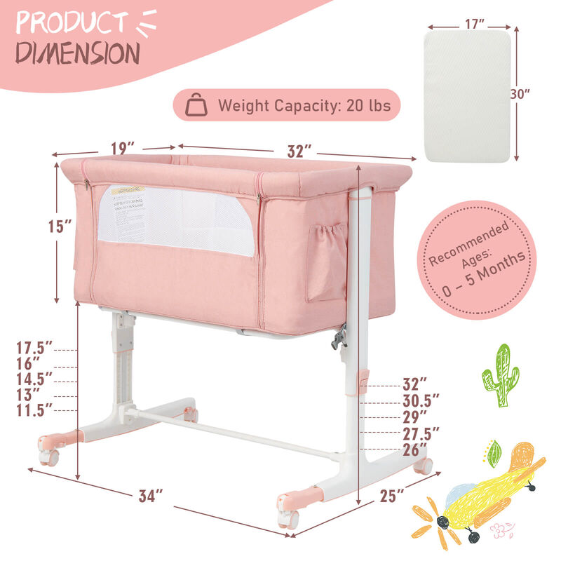 Portable Baby Bedside Bassinet with 5-level Adjustable Heights and Travel Bag