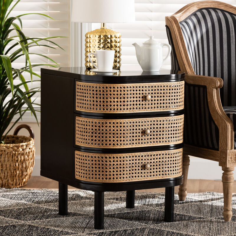 bali & pari Nabila Modern Bohemian Black Bayur Wood and Natural Rattan 3-Drawer End Table Nightstand