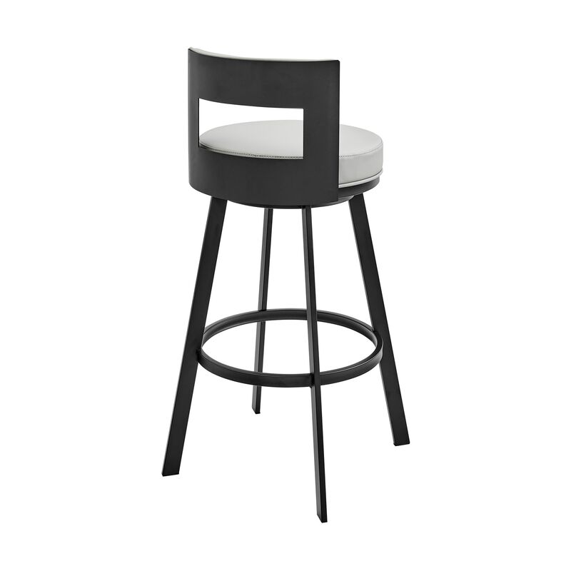 Ami 30 Inch Swivel Barstool Chair, Gray Faux Leather, Black Iron Frame - Benzara