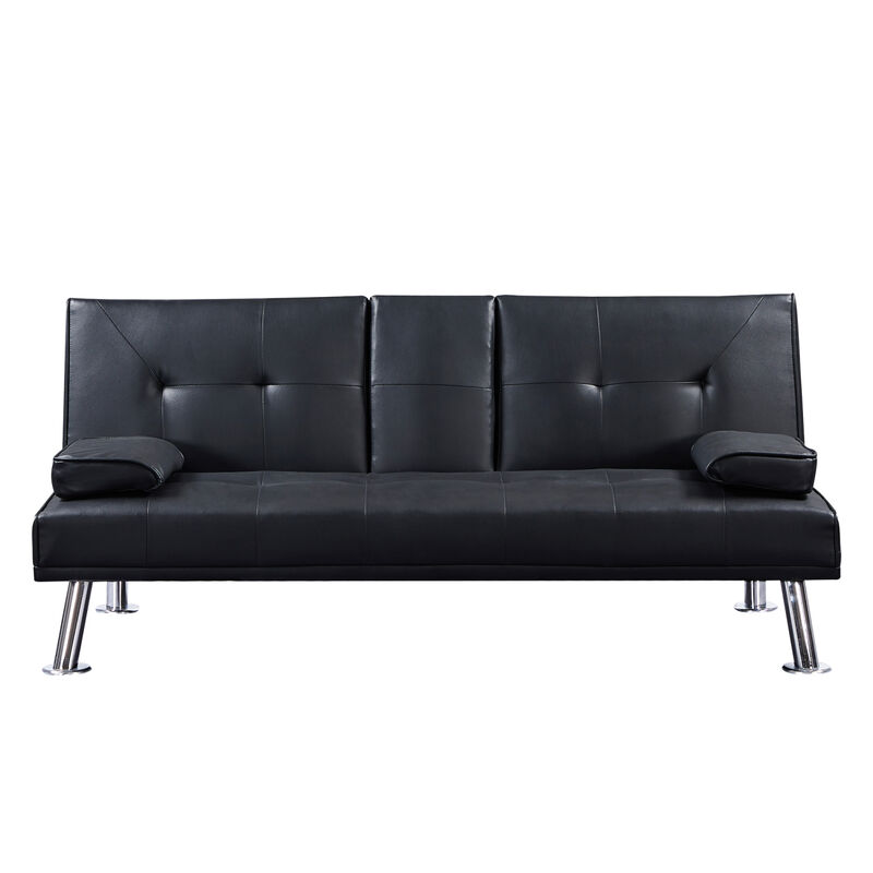 Modern Faux Leather Loveseat Sofa Bed With Cup Holders, Convertible Folding Sleeper Couch