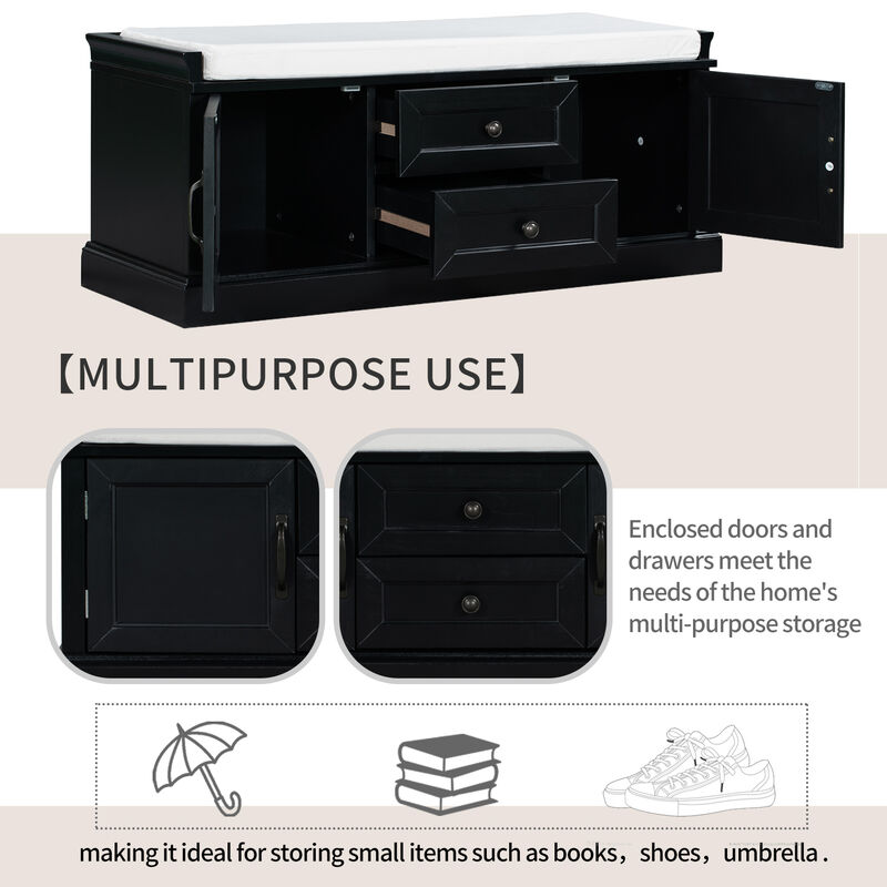 Storage Bench with 2 Drawers and 2 Cabinets, Shoe Bench with Removable Cushion for Living Room, Entryway (Black)