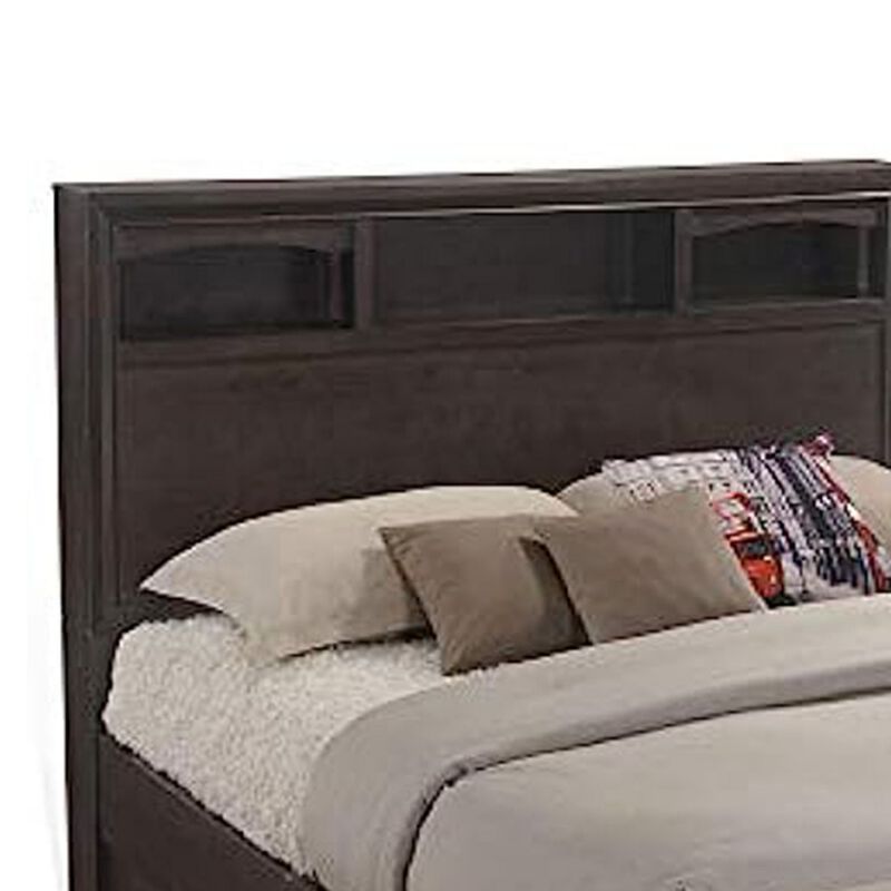 Queen Size Bed with 4 Storage Drawers, Bookcase Headboard, Walnut Brown-Benzara