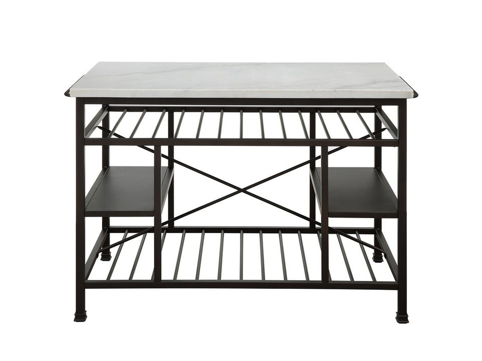 Marble Top Metal Kitchen Island with 2 Slated Shelves, Brown and White - Benzara