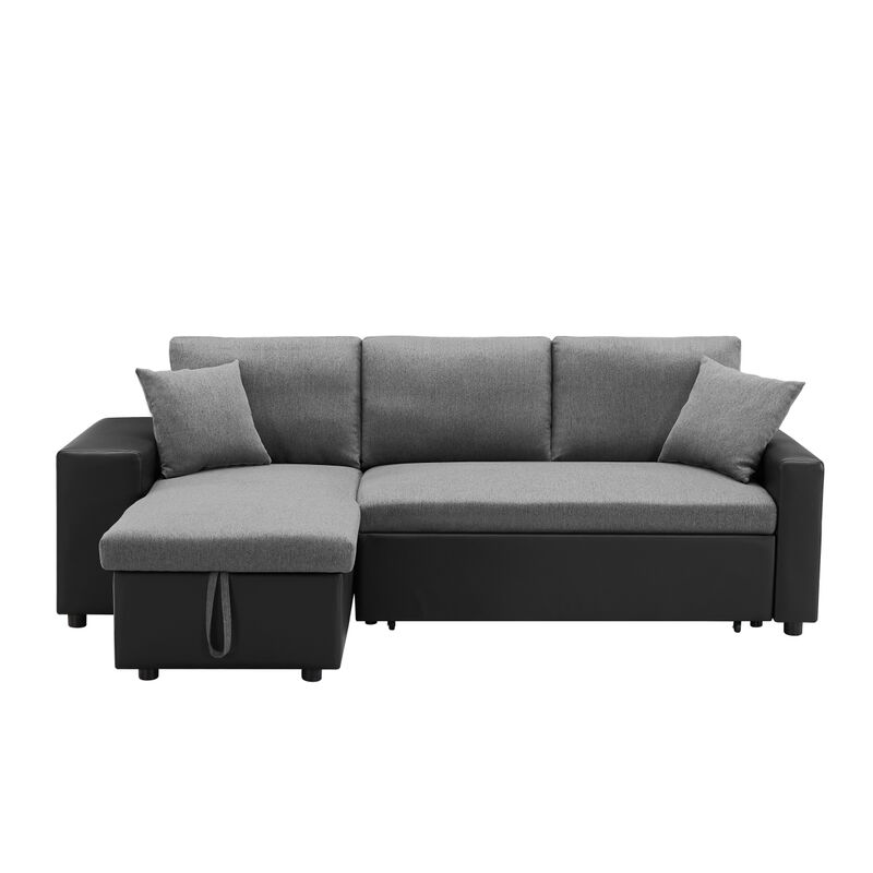 92.5"Linen Reversible Sleeper Sectional Sofa with storage and 2 stools Steel Gray