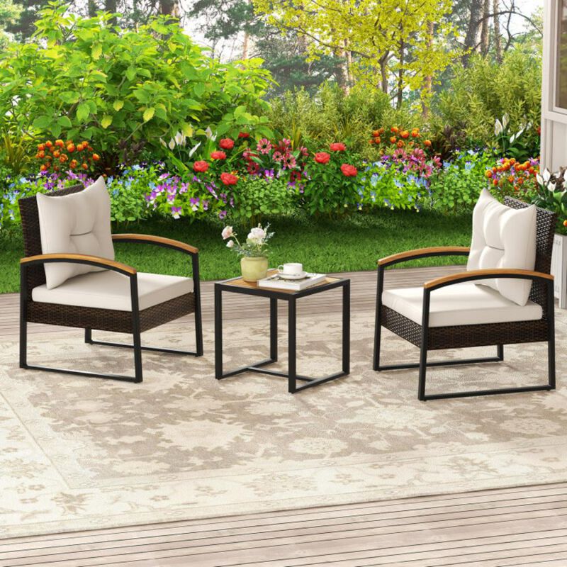 Hivvago 3 Piece Patio Conversation Set with Solid Acacia Wood  Armrests and Tabletop