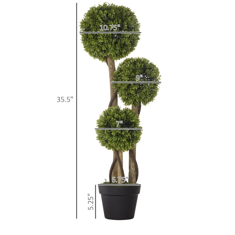 35.5" Artificial Boxwood 3 Ball Boxwood Tree for Home Decor Indoor & Outdoor Fake Plants Artificial Tree in Pot, Light Green