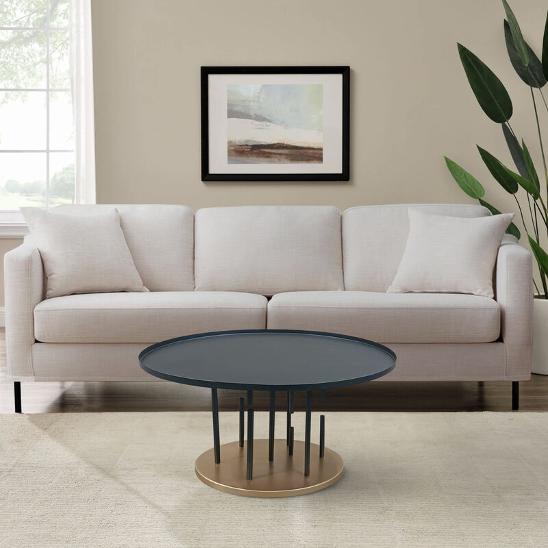 Neci 31 Inch Coffee Table, Round Matte Black Tray Top, Modern Rod Supports with Brass Base - Benzara