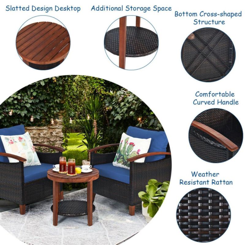 Hivvago 3 Pieces Patio Wicker Furniture Set with Washable Cushion and Acacia Wood Tabletop