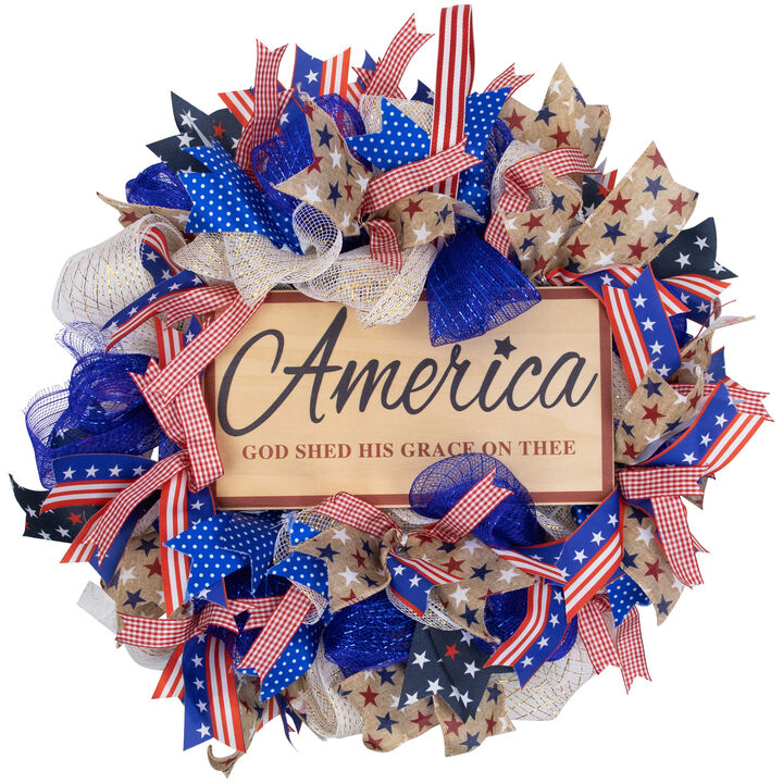 Stars & Stripes "America God Shed His Grace on Thee" Patriotic Bow Wreath -18"