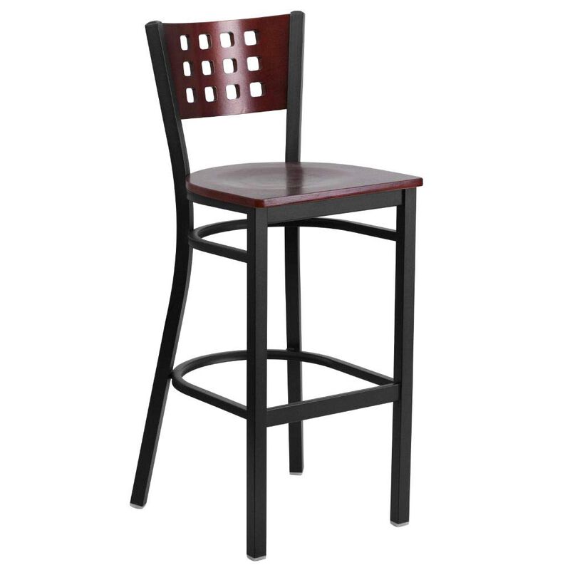 Flash Furniture HERCULES Series Black Cutout Back Metal Restaurant Barstool - Mahogany Wood Back & Seat