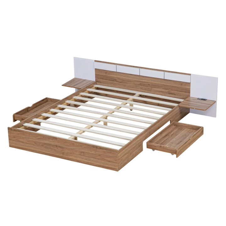 Queen Size Platform Bed with Headboard, Drawers, Shelves, USB Ports and Sockets, Natural (Expected Arrival Time:7.18)