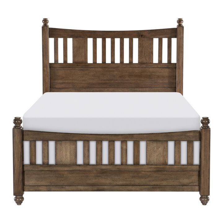 Reva Queen Bed, Finial Topped Posts, Vertical Slats, Light Brown Wood - Benzara