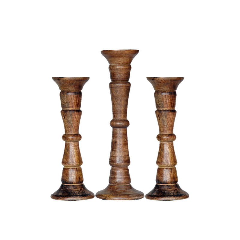 Traditional Medium Burnt Eco-friendly Handmade Mango Wood Set Of Three 12",15" & 12" Pillar Candle Holder BBH Homes