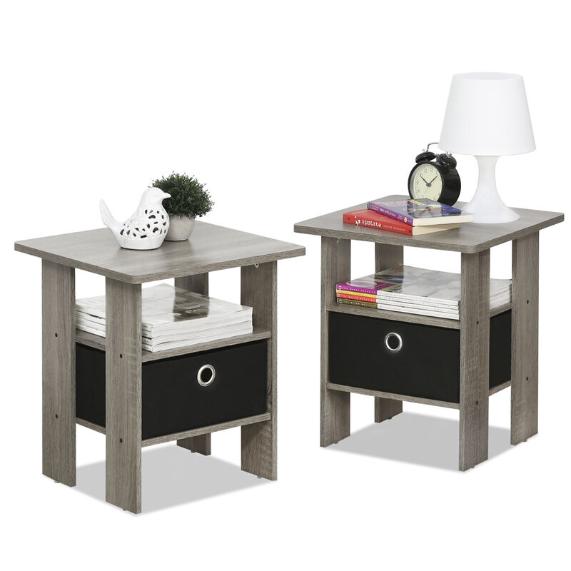 Furinno Andrey Set of 2 End Table / Side Table / Night Stand / Bedside Table with Bin Drawer, French Oak Grey