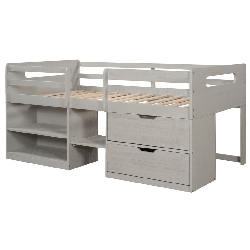 Twin size Loft Bed with Two Shelves and Two drawers (White)