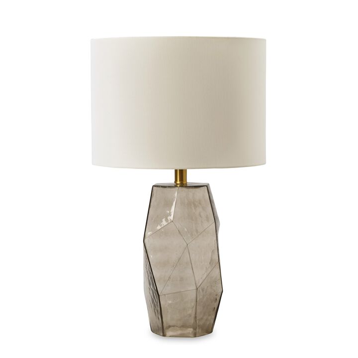 24 Inch Table Lamp, Hexagonal Textured Glass Base, Drum Shade, Gray - Benzara