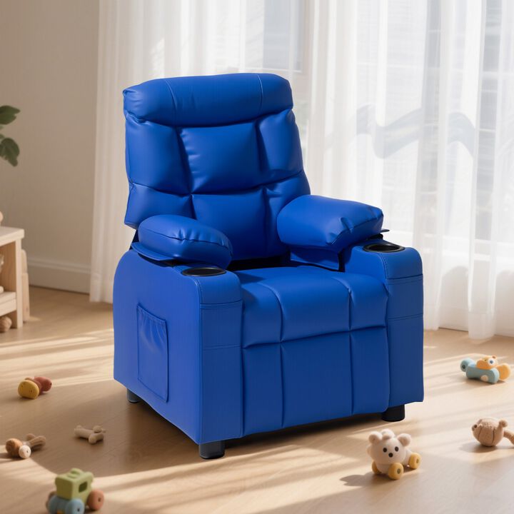 Kids Recliner Chair with Pockets and Cup Holders – Adjustable PU Leather Couch