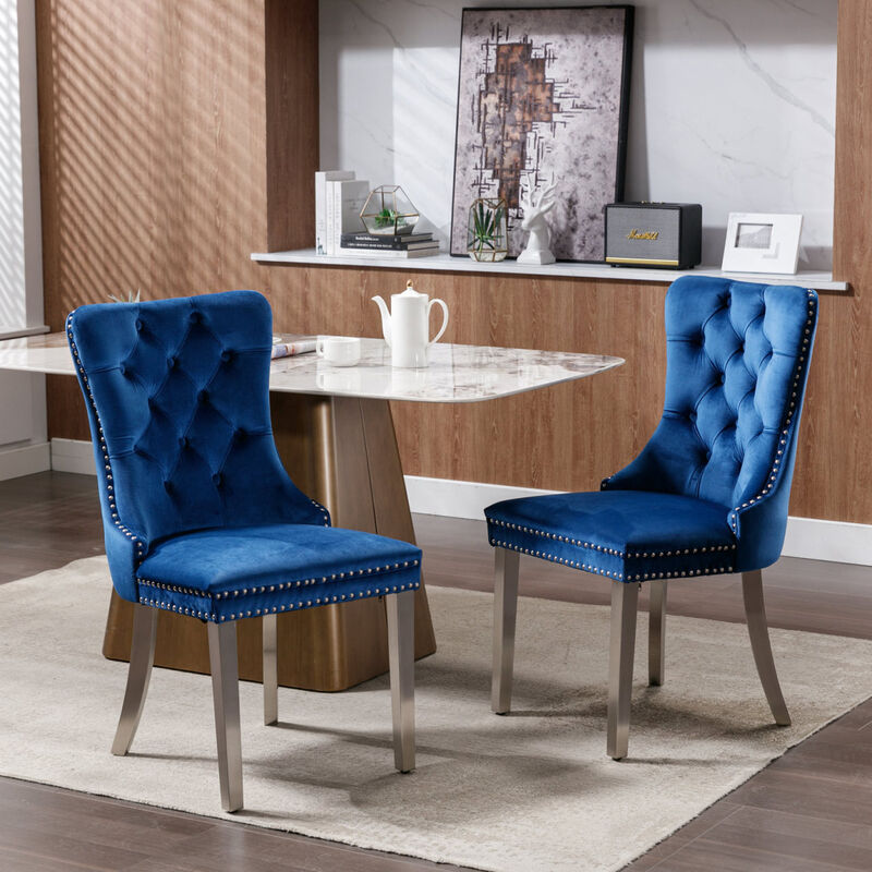 Modern, High-end Tufted Solid Wood Contemporary Velvet Upholstered Dining Chair with Chrome Stainless Steel Plating Legs, Nailhead Trim, Set of 2,Blue and Chrome