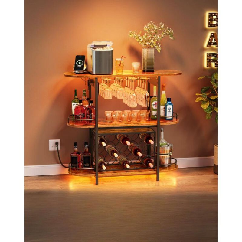 Bar Cabinet with LED Lights and Power Outlets for Modern and Convenient Entertaining