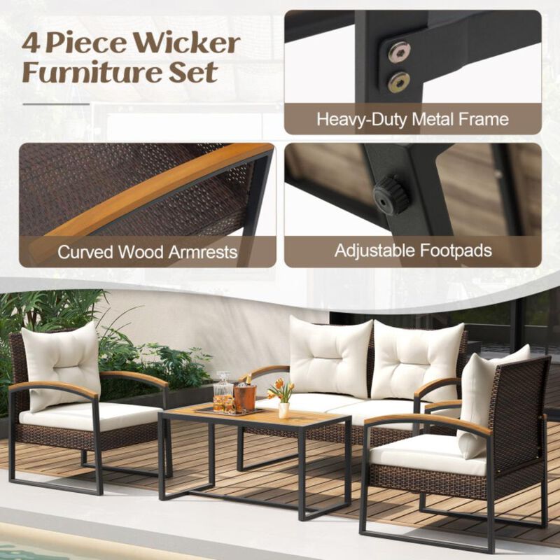 Hivvago 4 Pieces Patio Conversation Set with Acacia Wood Armrests and Tabletop and Cushions