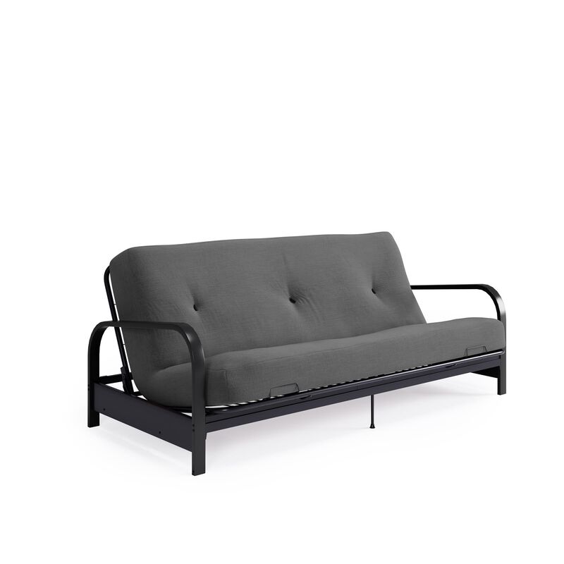 Max Black Metal Arm Full Size Futon Frame with 6” Thermobonded High Density Polyester Fill Gray Futon Mattress