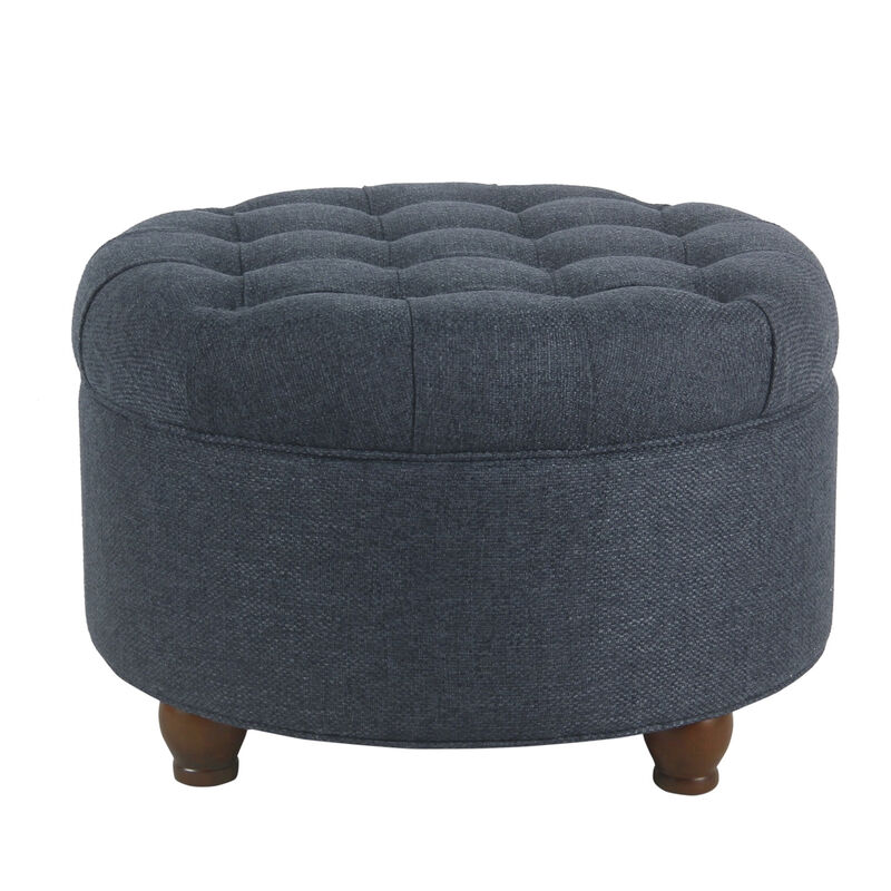 Fabric Upholstered Wooden Ottoman with Tufted Lift Off Lid Storage, Navy Blue - Benzara