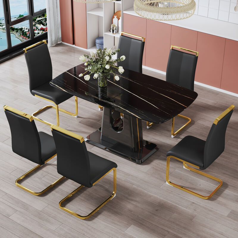 1 table and 6 chairs. Modern, simple and luxurious black imitation marble rectangular dining table and desk with 6 black PU gold plated leg chairs 63" x 35.4" X 30"