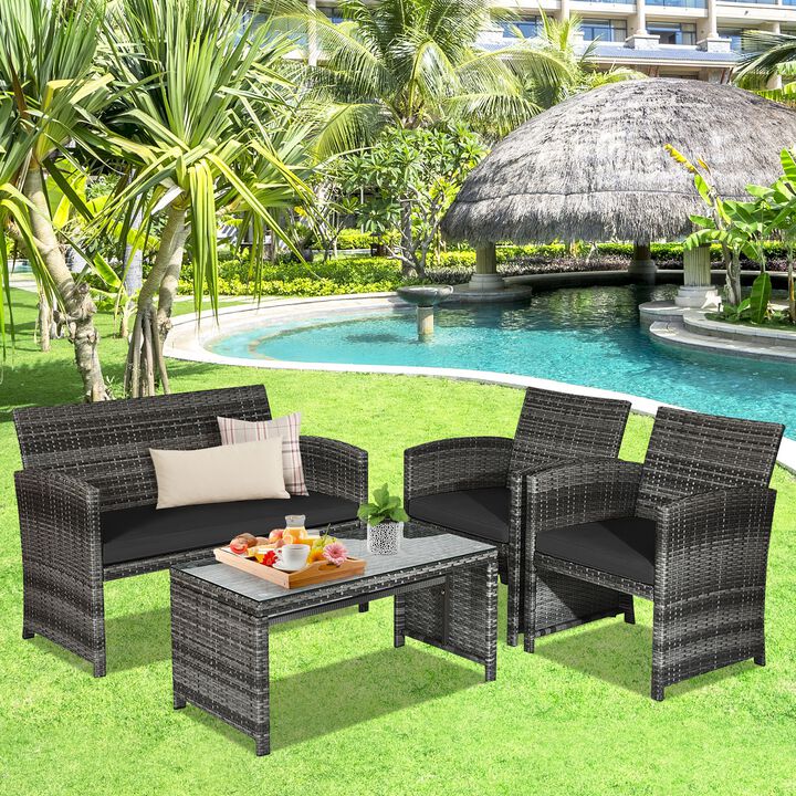 4 Pcs Patio Rattan Furniture Set Top Sofa With Glass Table