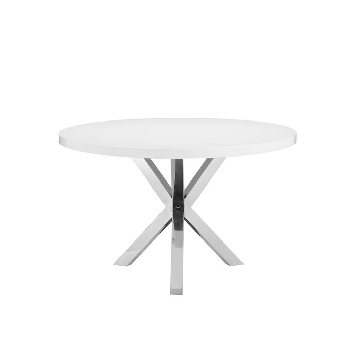 Emi 47 Inch Round Dining Table, X- Cross Brushed Steel, White Wood