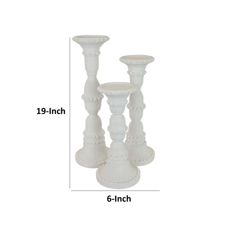 Accent Candle Holder Set of 3, Tall Pillars, Heavy Base, White Resin - Benzara